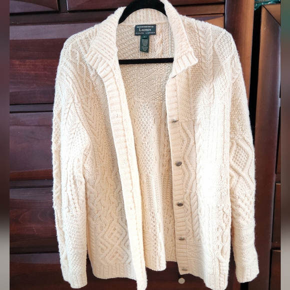 RALPH LAUREN 100% WOOL Snowflake Nordic Hand Knit Cream Sweater Cabincore Lrg - Picture 8 of 10